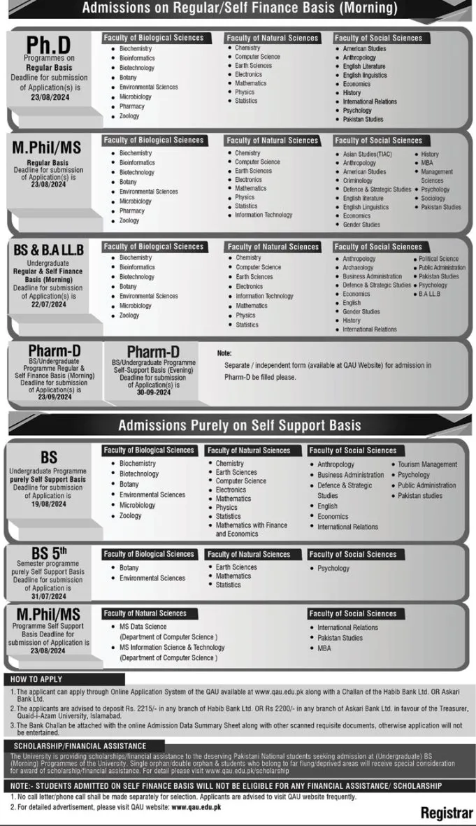 Quaid e Azam University admission 2025 last date for BS