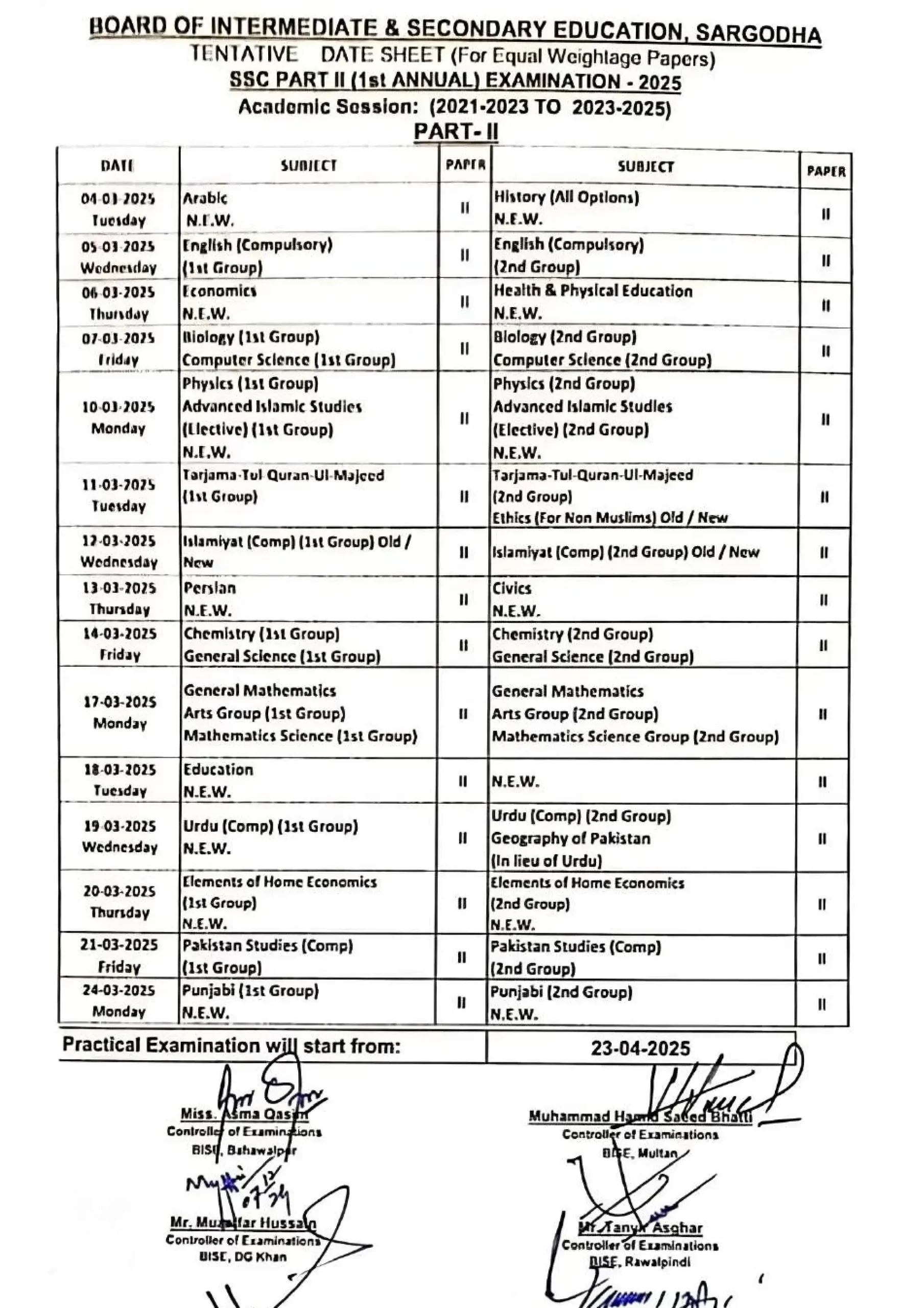 10th Class Date Sheet 2025 DG Khan Board